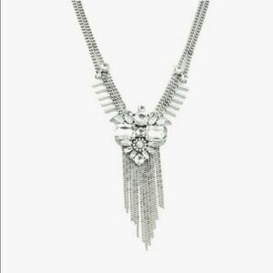 Rhinestone Statement Necklace Tassel Silver Tone Chain Link Bib Glam